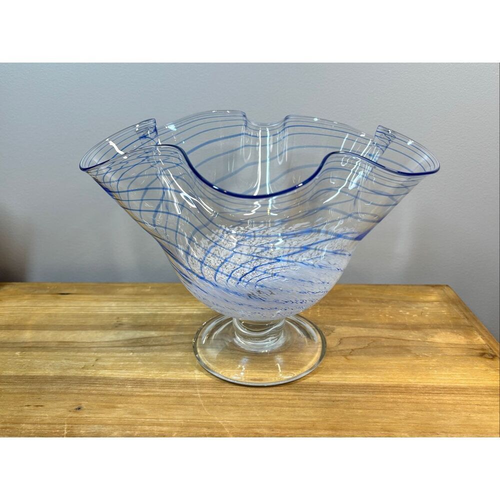 Hand-blown glass ruffled rim pedestal bowl cobalt blue swirl & white specks
